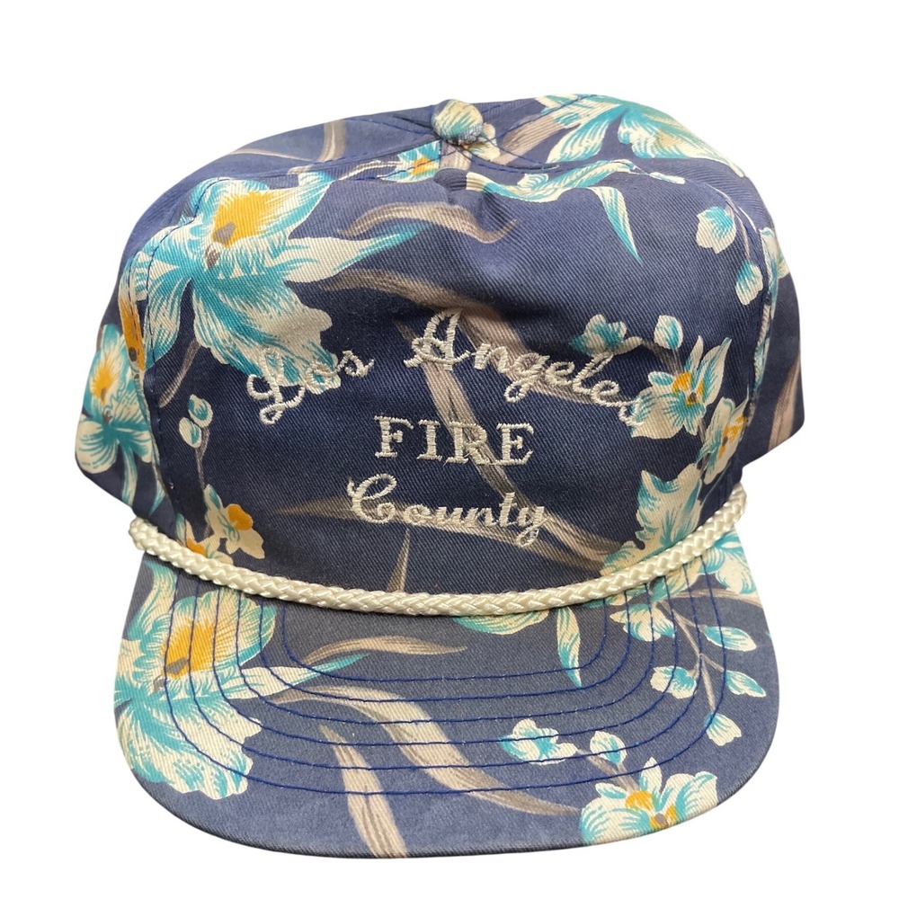 Vintage San Sun Los Angeles Fire County Floral Tropical Rope Trucker Hat Blue